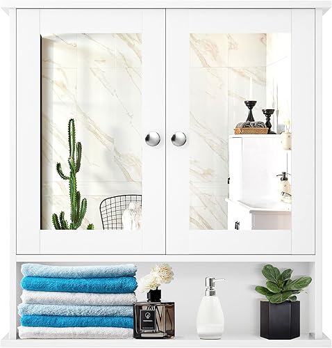 Botiquín con espejo, armario de espejo de baño montado en la pared con puertas dobles y estante ajustable, organizador para el hogar, gabinete de