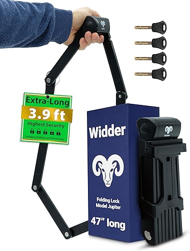 WIDDER Cerradura plegable de seguridad muy larga de 47 pulgadas – Cerradura plegable para bicicleta con 4 llaves y soporte de montaje en marco, sin