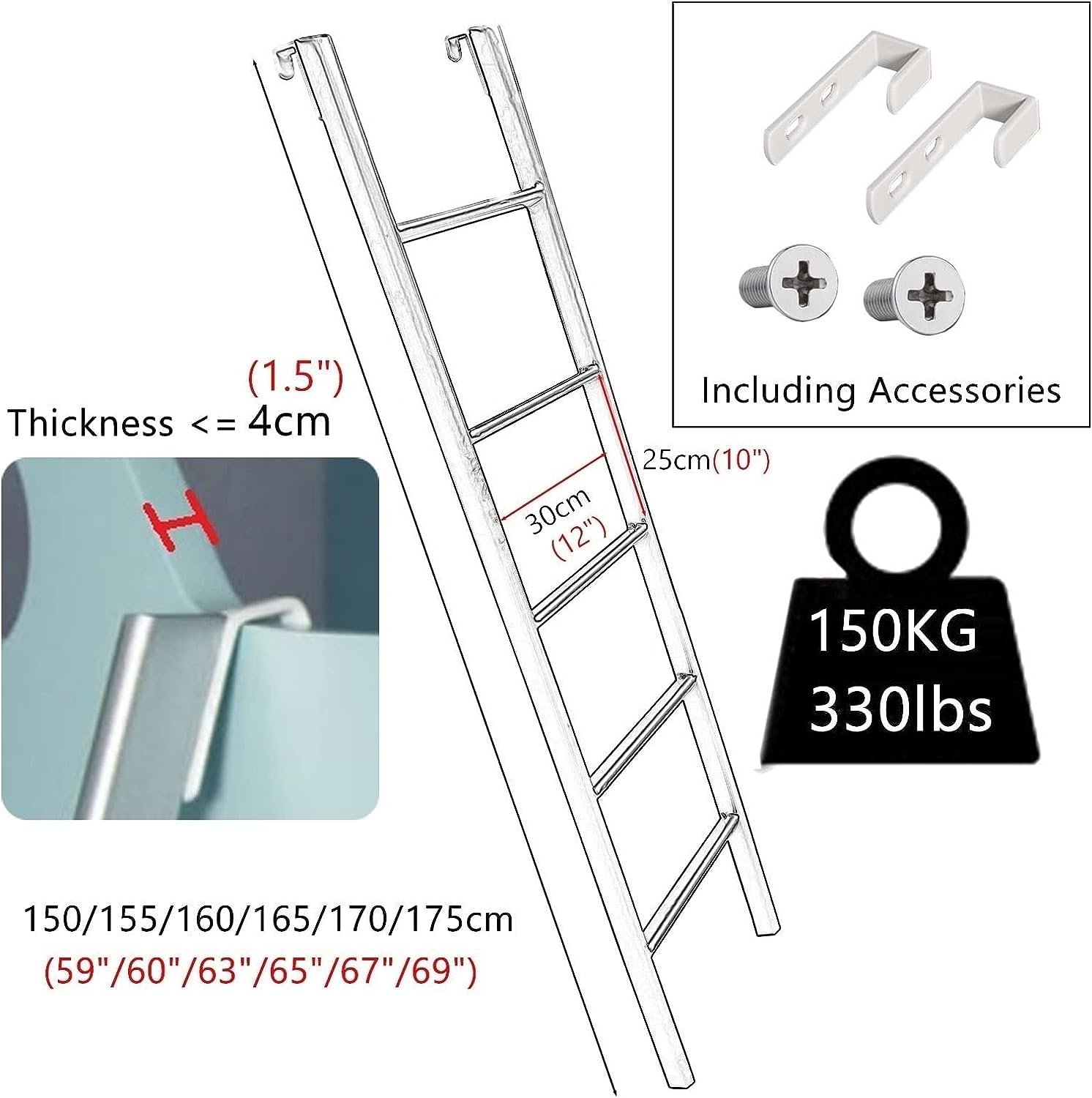 TONG TONG Cm Scala A Castello Superiore,Camper Rimorchio Camper In Metallo Scaletta Di Risalita, A Pavimento E Con Ganci Scala Per Letto A Soppalco, Bambini Adulti (160cm, Bianco)