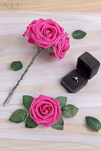 Miniatura 5 de N&T NIETING - 50 rosas artificiales con tallo, para manualidades, bodas, ramos, centros de mesa, despedida de soltera, baby shower, fiestas,