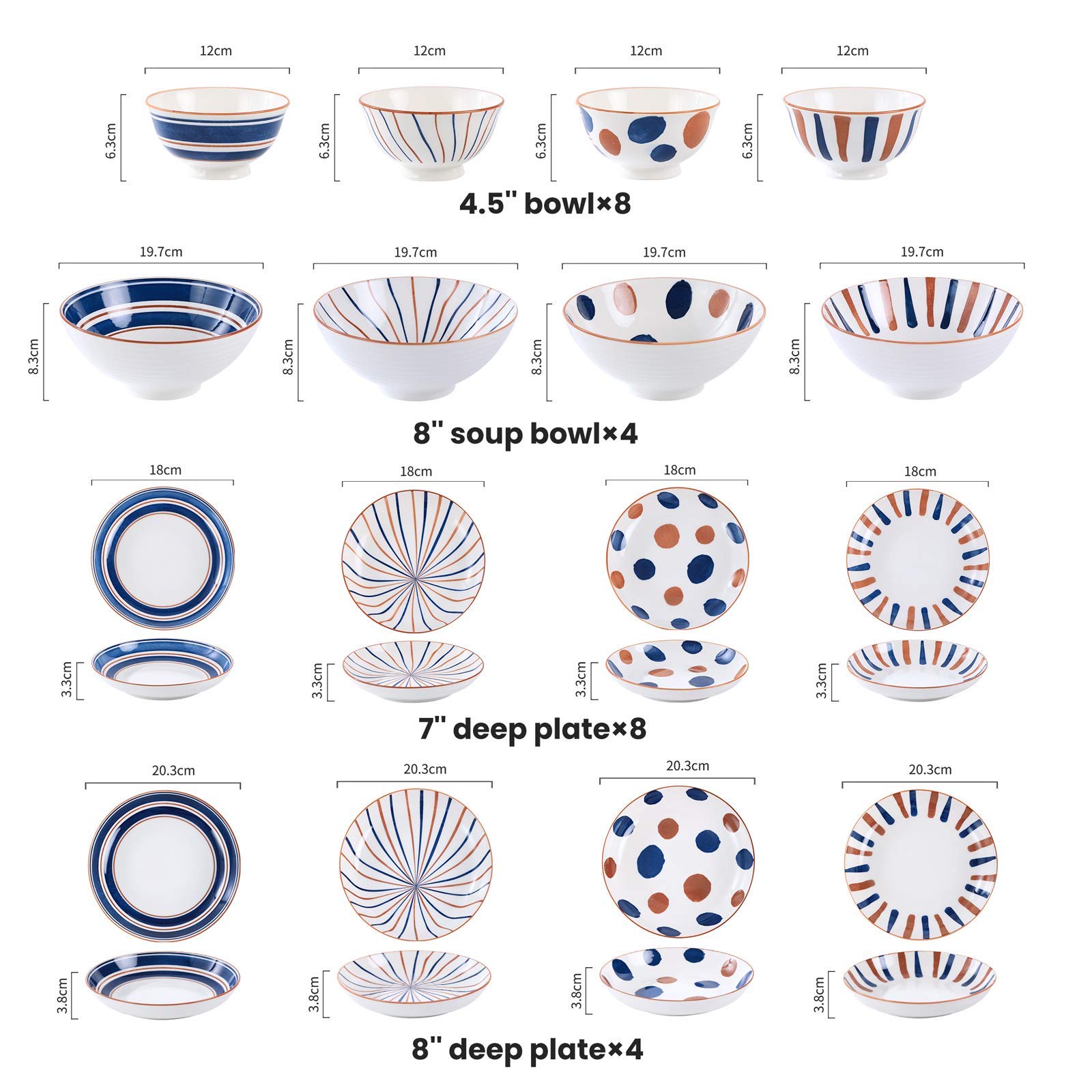 Service de Table, Service de Table en céramique, Service de Table en Porcelaine à Anneau annuel rétro, Ensemble de 24 Bols à céréales de Style Japonais et assie(