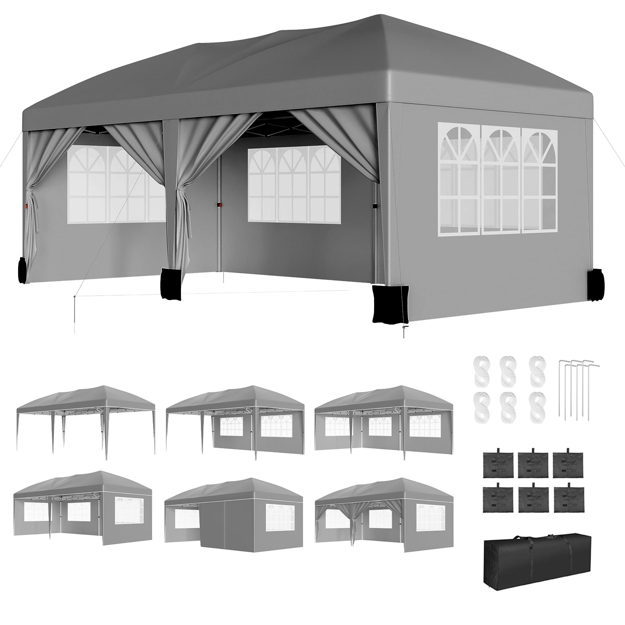 Photo 1 of 10X20FT Pop Up Wedding Party Tent with 6 Sidewalls, Heavy Duty Commercial Outdoor Canopy All Season Wind & Waterproof Canopy Gazebo with Storage Bag, Gray