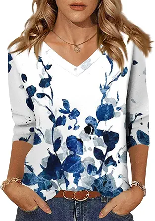 HTHLVMD Womens 3/4 Length Sleeve Tunic Tops Summer Fall Outfits 2025 Three Quarter Sleeve Casual V Neck T Shirts for Women