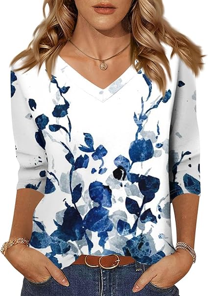 HTHLVMD Womens 3/4 Length Sleeve Tunic Tops Summer Fall Outfits 2025 Three Quarter Sleeve Casual V Neck T Shirts for Women