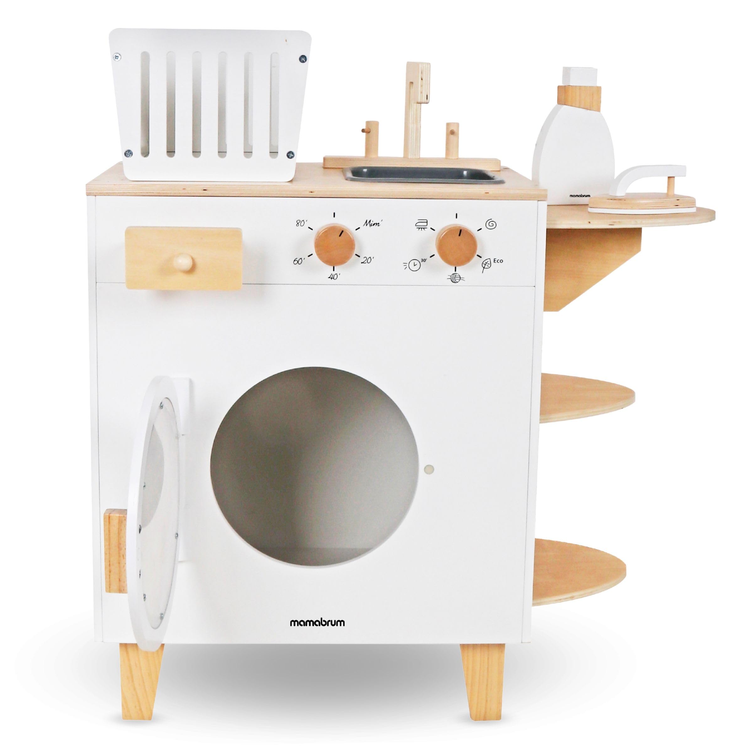 Mamabrum Lavadora Juguete Madera con Tabla Planchar, Cesto y Accesorios - Set Limpieza Juguete para Niños +3 Años - Incluye Escoba y Fregona - 65 x 29,5 x 68 cm
