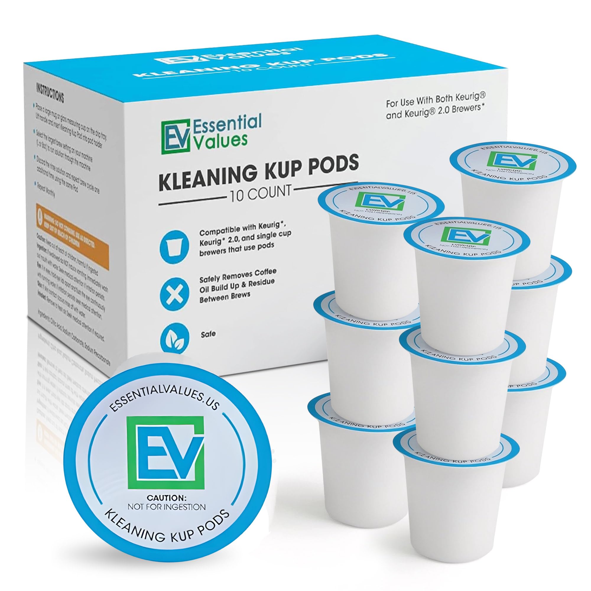 Essential Values Cleaning Pods, Compatible with Keurig, Descaling Solution 10-Pack, Descaler for Keurig Coffee Machines, Pot Kit, Coffee Maker Cleaner Filter Pods