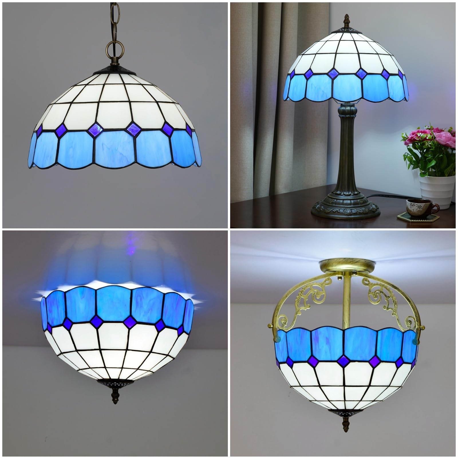 Pantalla de lámpara Estilo Tiffany, 30 cm, diseño mediterráneo Sencillo a Cuadros, de Cristal Tintado, Repuesto para lámpara de Mesa, lámpara Colgante y lámpara de Techo (Amarillo).