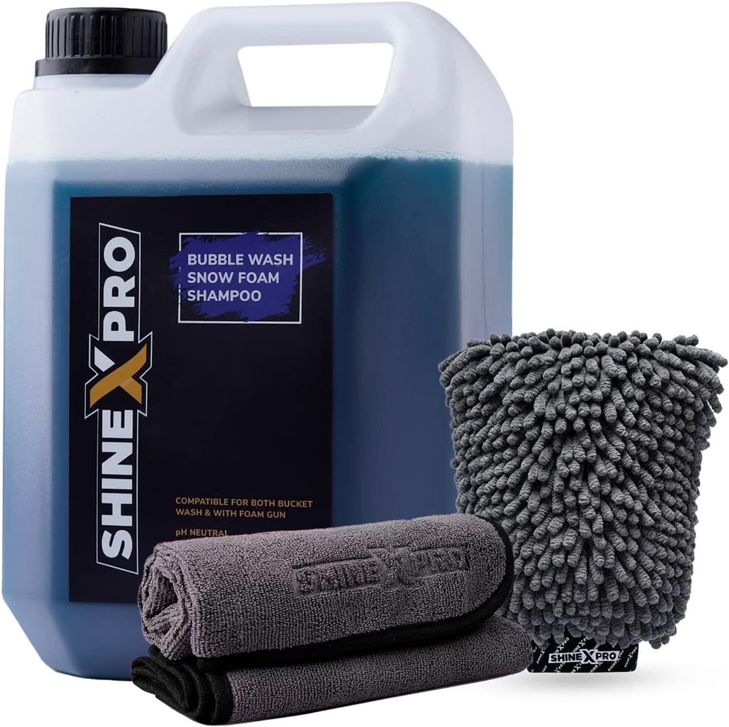 ShineXPro 2.7 Ltr Foam Car Wash Shampoo With 2Pcs 500GSM Microfiber Cloth & Wash Mitt - Thick Foam With Shine Enhancing Formula