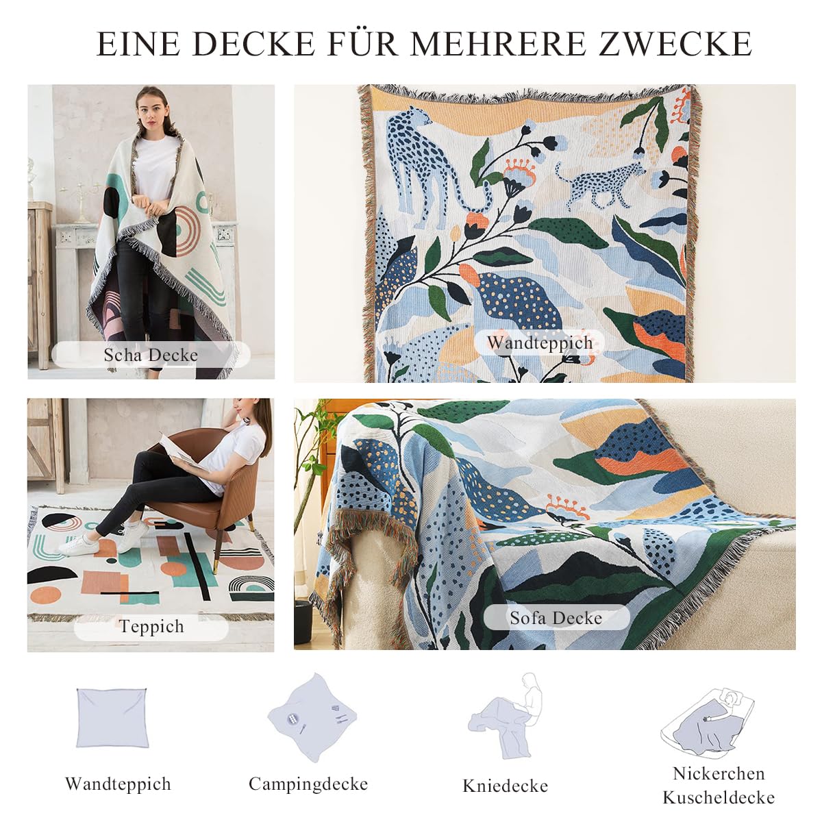 LumiSyne Doppelseitige Baumwolle Gewebt Decke Überwurf Mit Quaste Dschungel Böhmische Stil Wandteppich Kuscheldecke Dekorative Decke Für Bett Couch Sessel Camping Decken Tischdecke Teppich 160x130cm