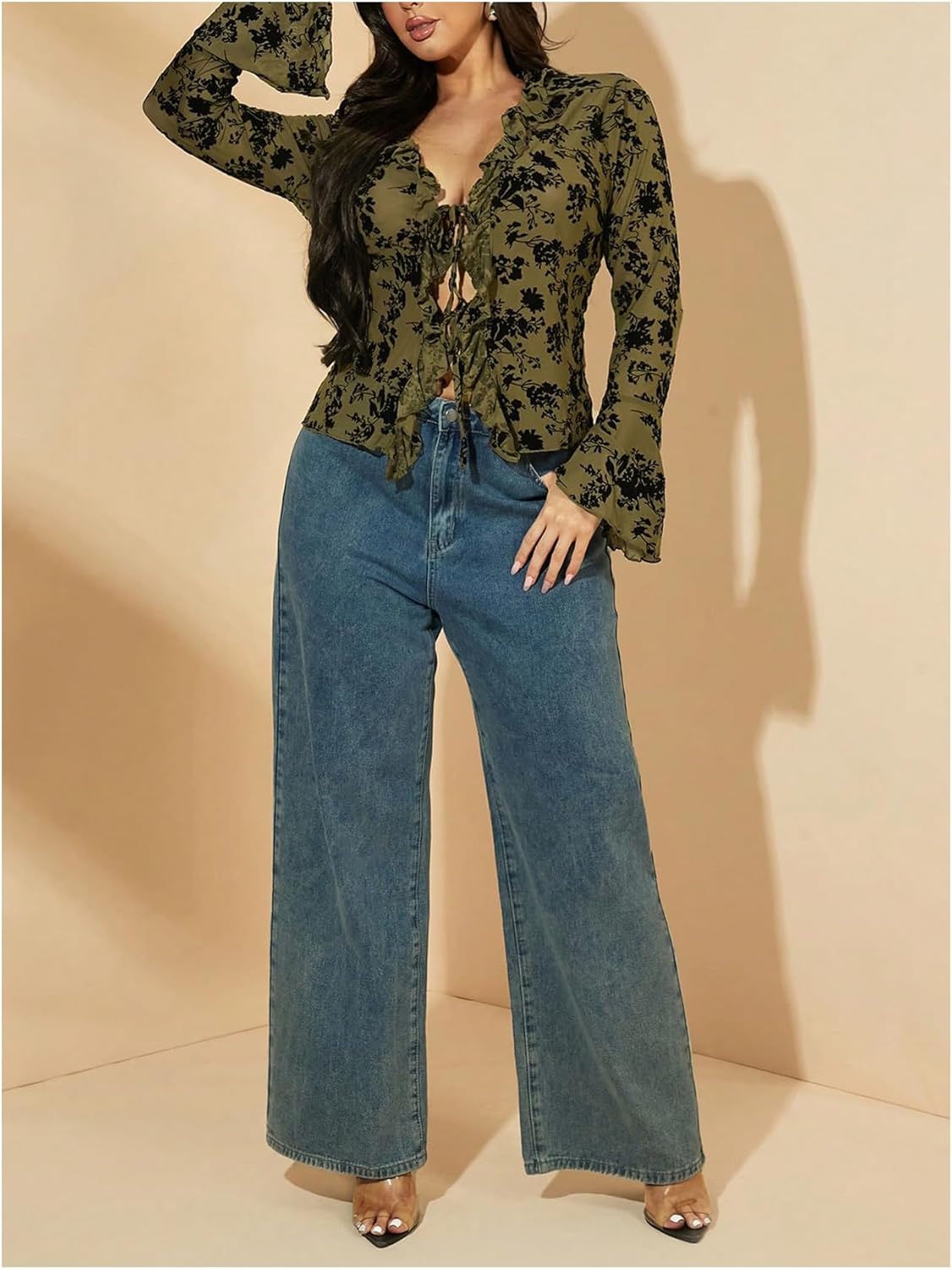 WDIRARA Women's Plus Size Floral Lace Sheer T Shirt Tie Front Long Bell Sleeve Tee Going Out Tops - Image 5