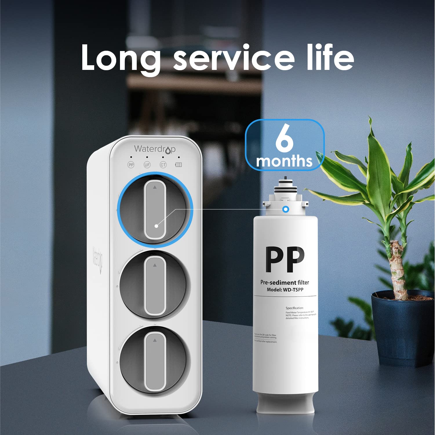 Waterdrop TSPP Filtre à eau sédimentaire sous l'évier, système de filtration d'eau à ultrafiltration 3 étapes de remplacement TSU-W sous l'évier, 1 pack