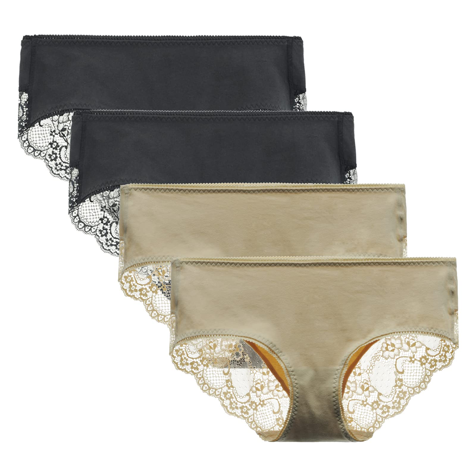 Women's 4 Pack Cotton Mid Rise Full Coverage Lace Hipster Brief Panty Underwear X-Large Black/Nude