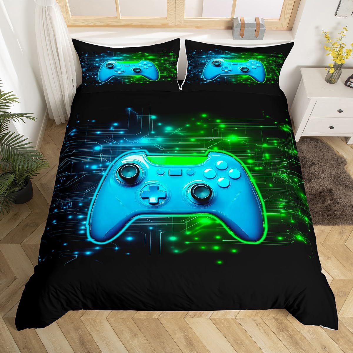 Homemissing Gamer Duvet Cover Set Single Size Blue Gaming Breathable Bedding Set Green GamePad Zippered Duvet Cover with 1 Pillowcase Kids Games Controller For Teenager Boy - Image 3