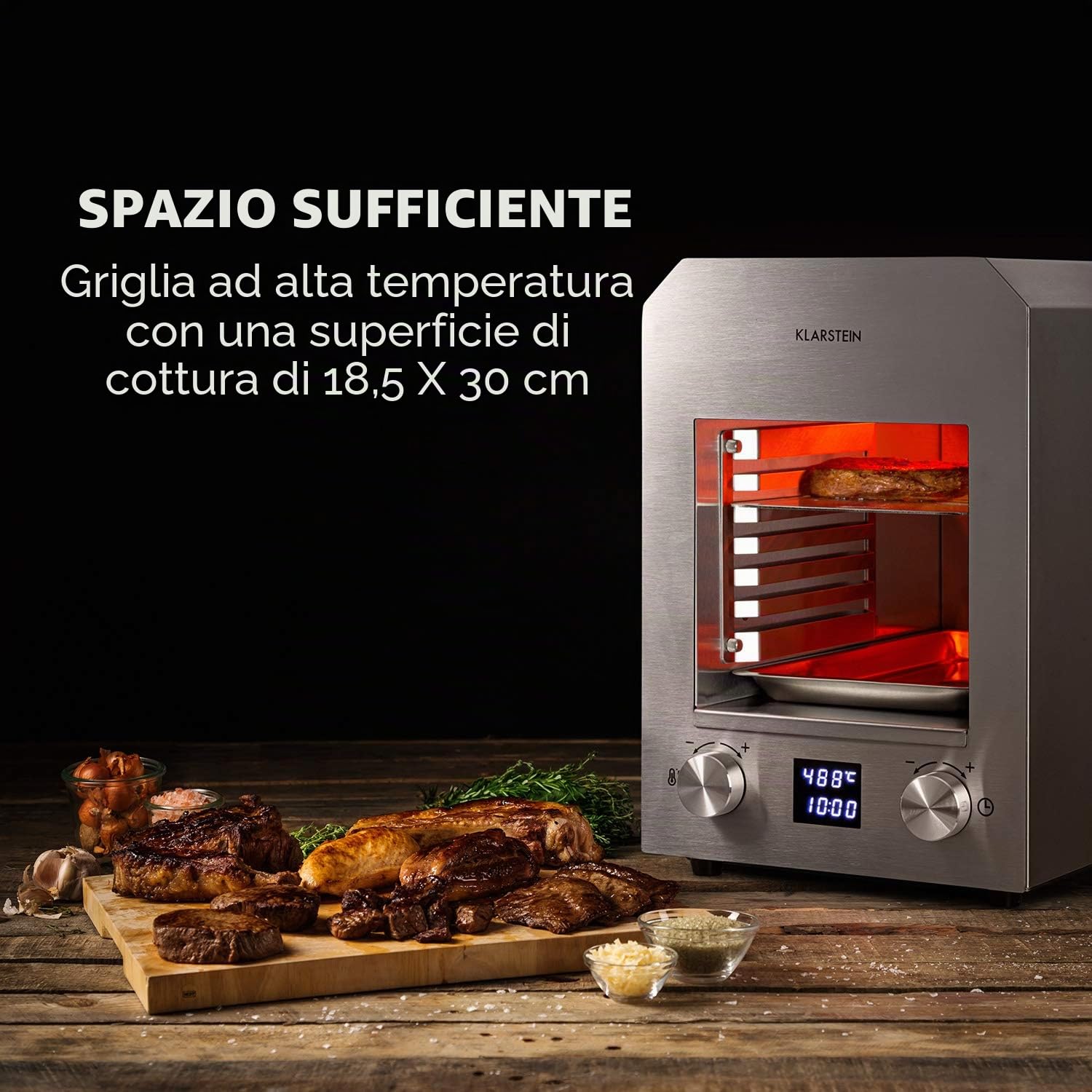 Klarstein Hannibal - Griglia ad Alta Temperatura, Indoor, Interni, Potenza: 2.200 W, 200-850 °C, Elemento a Infrarossi, CharForce System, Superficie: 18,5 x 30 cm, Display LED, Timer, Argento