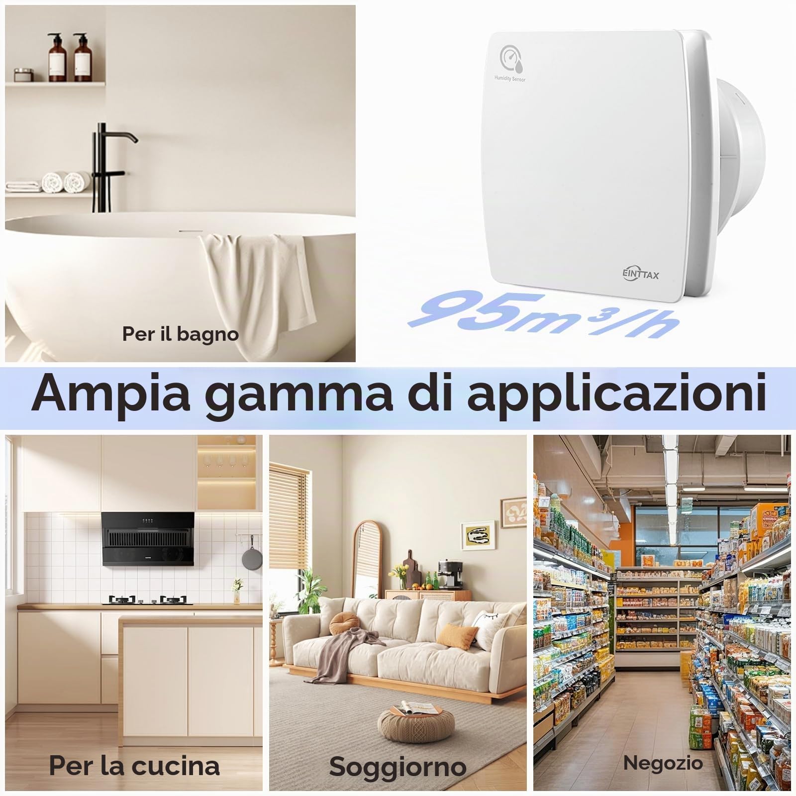 Ventola aspirante silenziosa per bagno, 100 mm, con sensore di umidità e timer, bianco, quadrato, 95 m³/h, da parete/finestra, per cucina, doccia, WC, 12 W, 34 dB