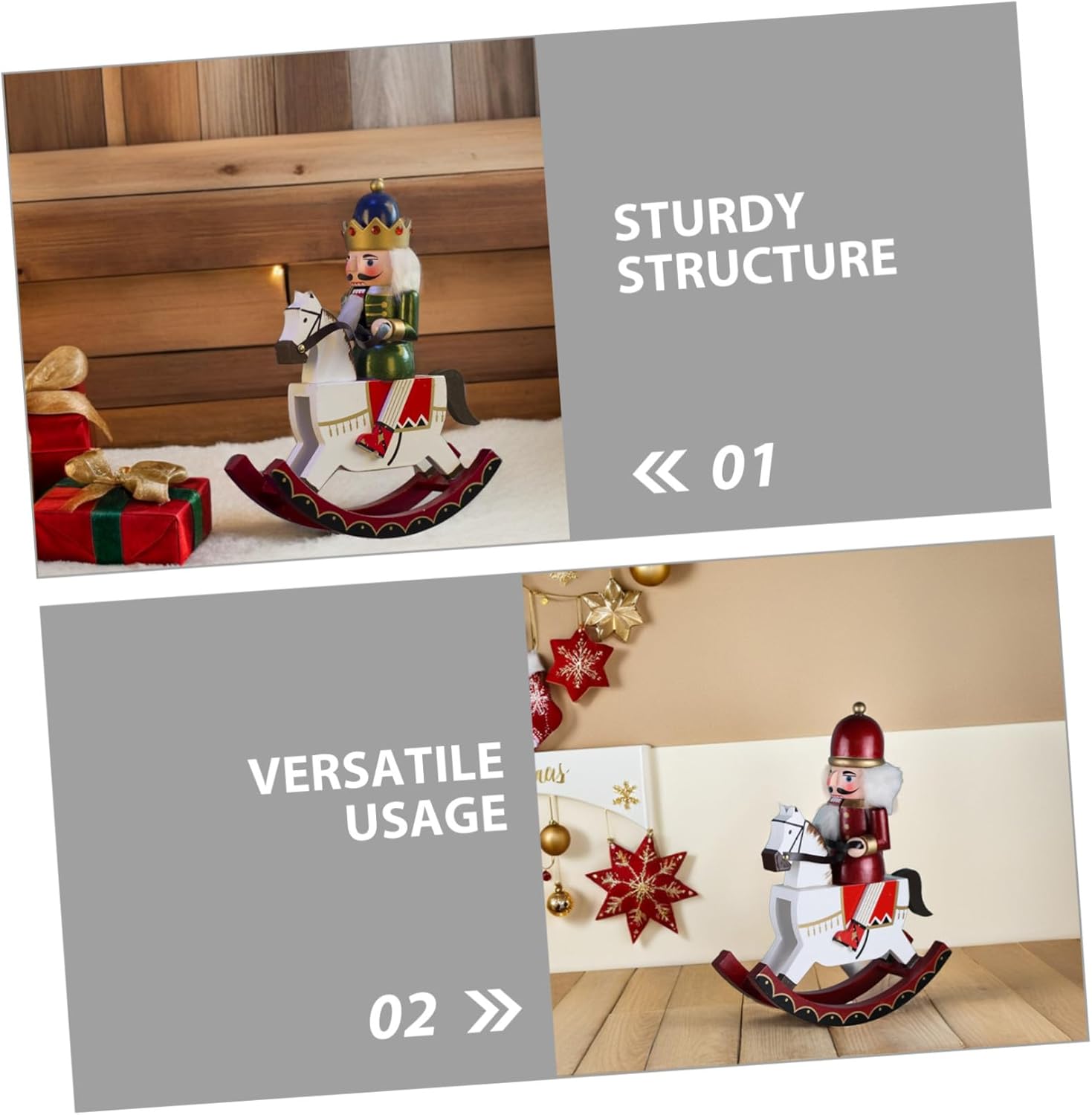 2個伝統的なロッキングホース兵士フィギュアクリスマスデコレーション 卓上や棚に映える鮮やかな色合いでホリデーシーズンを彩る