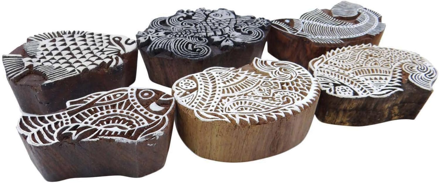 Lot of 6 Pcs Fish Hand Carved Printing Block Woodblock Pottery Scrapbook Stamp