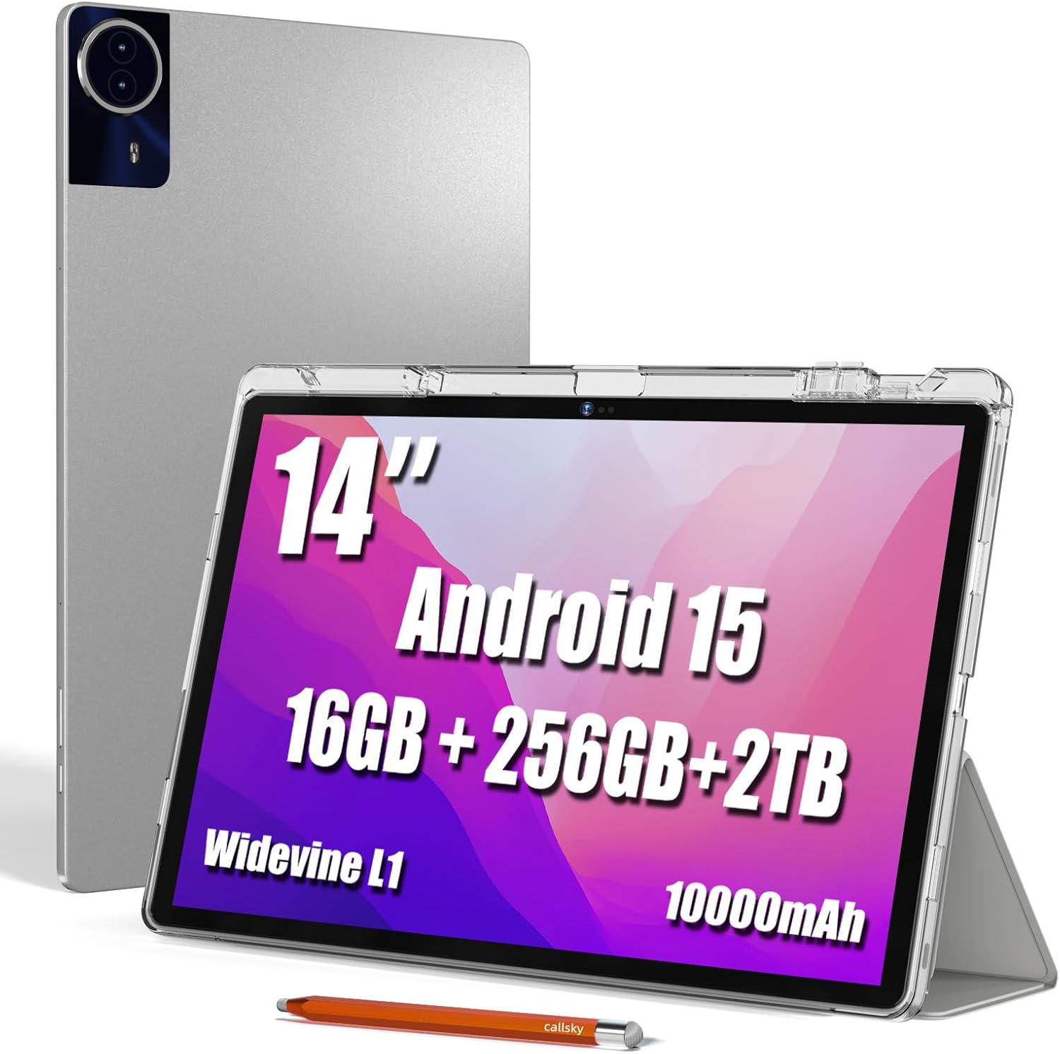 14 Inch Tablet, Android 15 Tablet, 16GB RAM+256GB ROM, 1920×1200 FHD IPS Display, Widevine L1, 10000mAh Battery, Bluetooth 5.0, Multi-Angle Stand Case & Stylus Pen, 6ft USB Cable — Gray 14 Inch Tablet, Android 15 Tablet, 16GB RAM+256GB ROM, 1920×1200 FHD IPS Display, Widevine L1, 10000mAh Battery, Bluetooth 5.0, Multi-Angle Stand Case & Stylus Pen, 6ft USB Cable — Gray