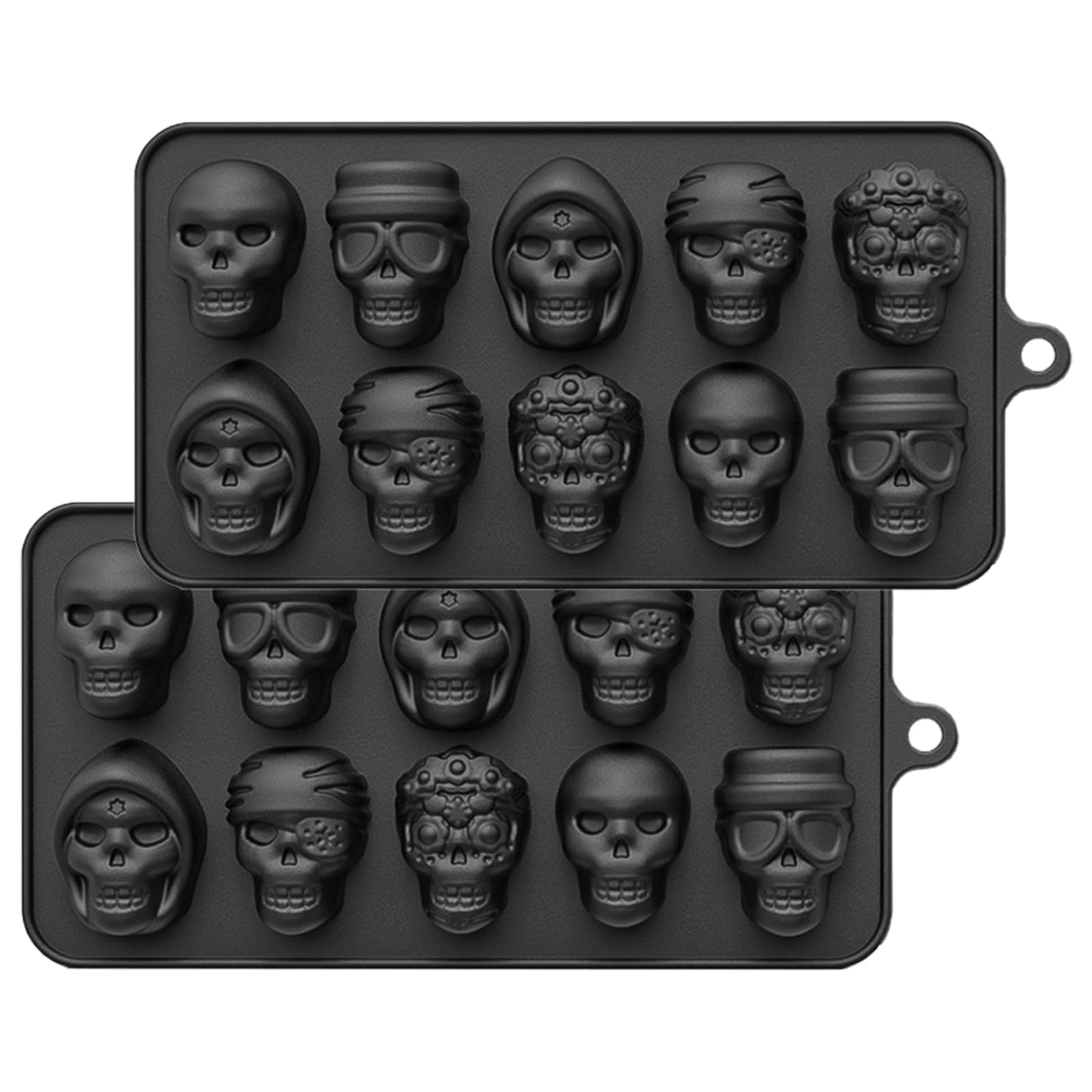 FreeNFond 10 Cavity Skull Silicone Chocolate Molds Sugar Skull Mold for Halloween Baking, Resin and Candy, Pack of 2 (Black, 2P-SmallSkull)