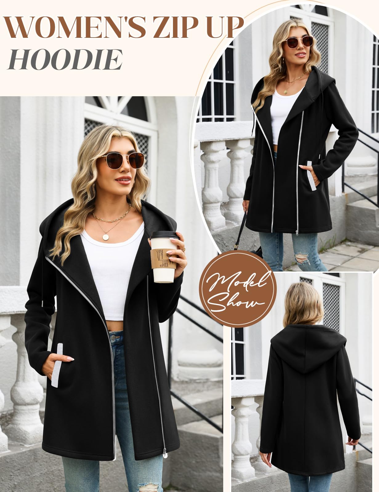 Sweat à Capuche Femme Zippé Veste Polaire Mi Saison Sweatshirt Manches Longue Hoodie Chic Manteau Printemps Automne Casual Sweats avec Poches