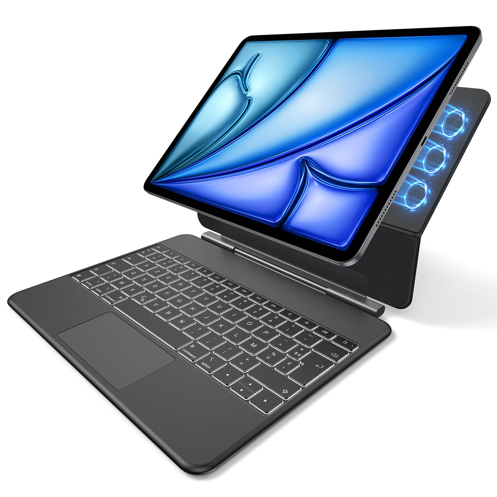 OMOTON Clavier AZERTY pour iPad Air 13 Pouces (M4/M3/M2) Magic Keyboard iPad Pro 12.9 (6/5/4/3 Gen), Pavé Tactile Intégral, Étui Clavier sans Fil magnétique Rétroéclairé, Portable, KC014