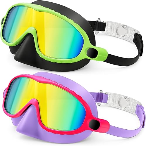XDX Gafas de natación para niños con cubierta para la nariz, paquete de 2 máscaras de buceo de visión amplia, antivaho, UV, sin fugas, gafas de