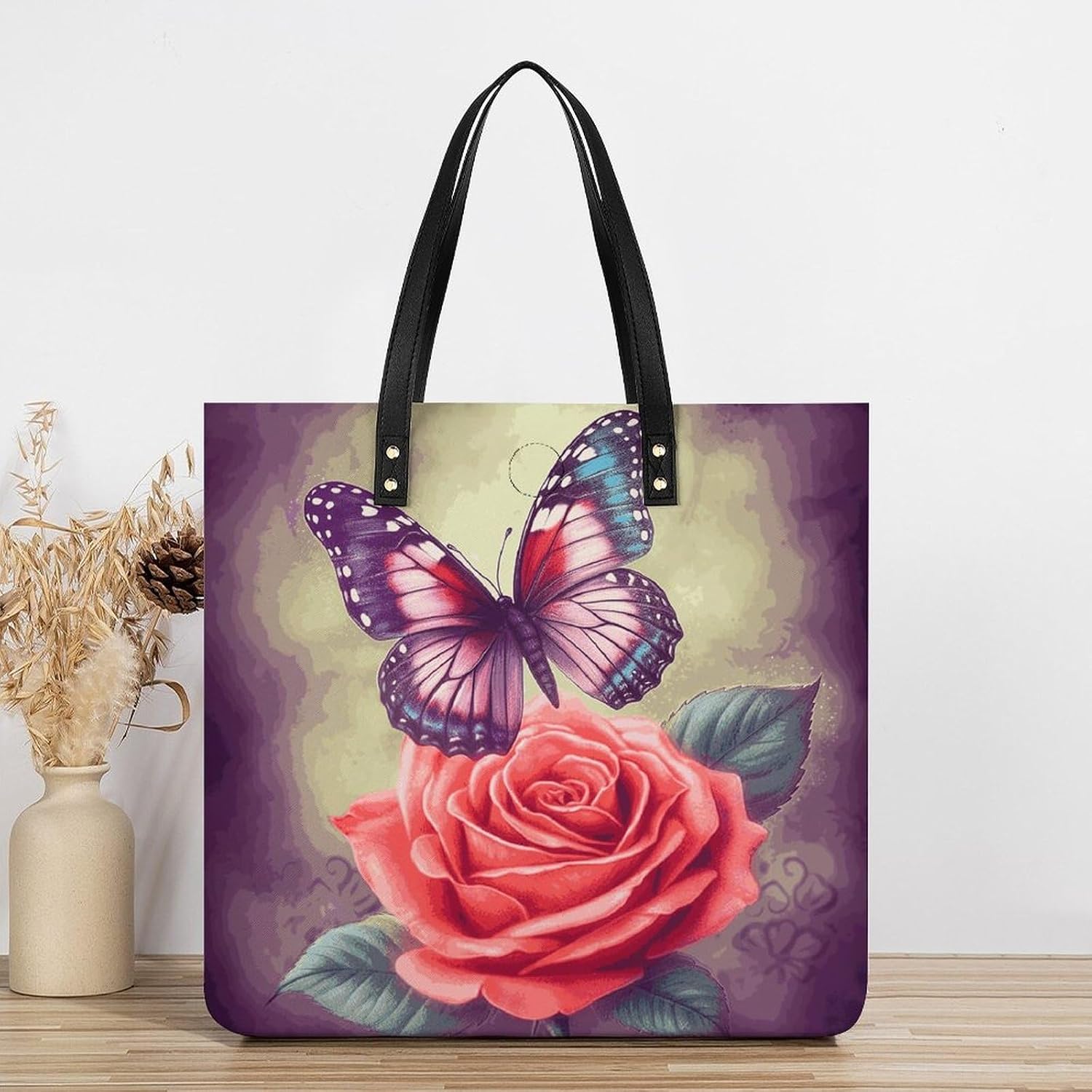 Butterfly And Rose Handbags Large Capacity, Tote Bag Stylish Slouchy, Shoulder Bags for Work Beach Travel And Shopping Grocery.