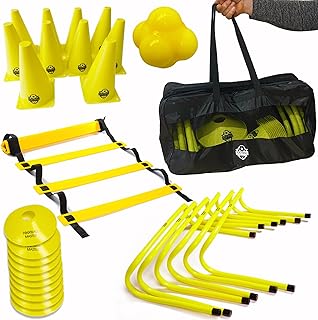 Football Fitness Speed Training Equipment Exercise Aid Set 6 X Speed Hurdles 1 x 6 metre Agility ladder with 12 Rungs 10 X Traffic Cones,10 marker cones 1 X Reaction Ball Carry bag