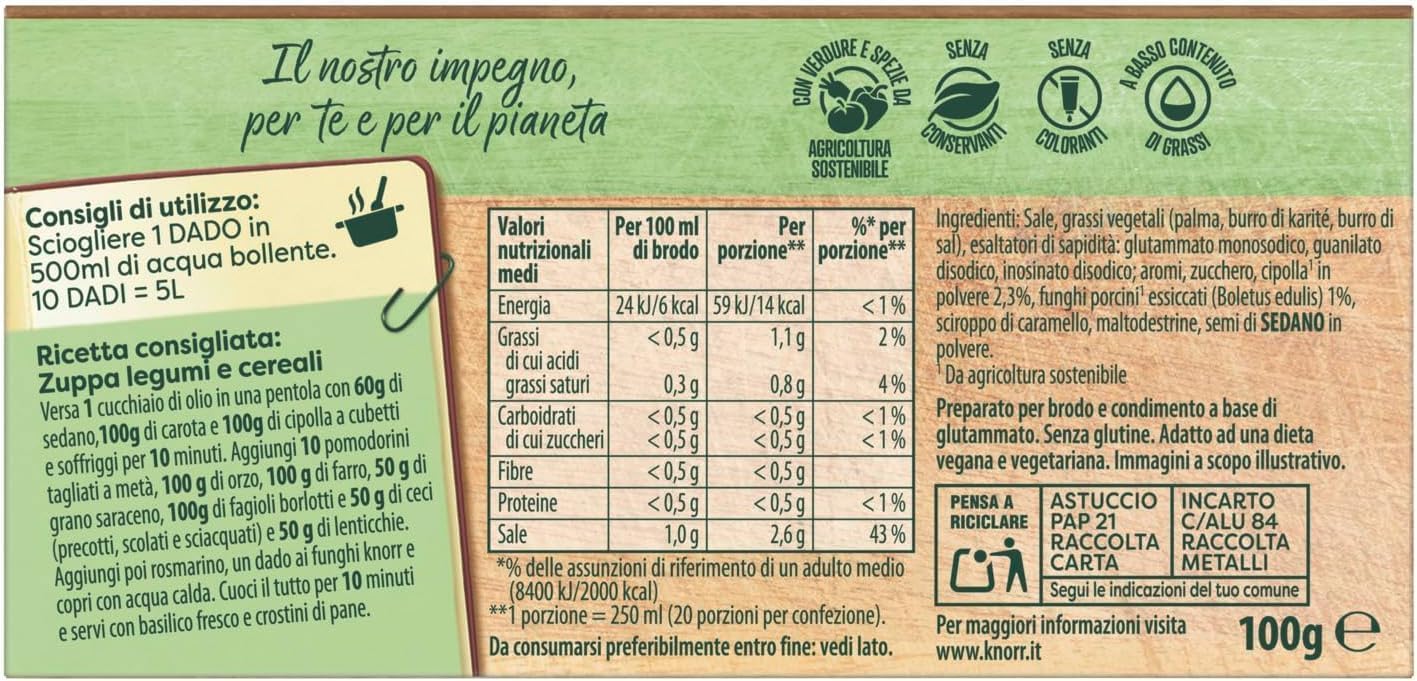 Italian Gourmet Bundle 8 x 100 g bouillons cubes aux cèpes, Knorr Funghi Porcini 10 cubes par boîte, assaisonnement pour bouillon et cuisine, sans gluten, sans lactose, vegan + Italian Gourmet Polpa