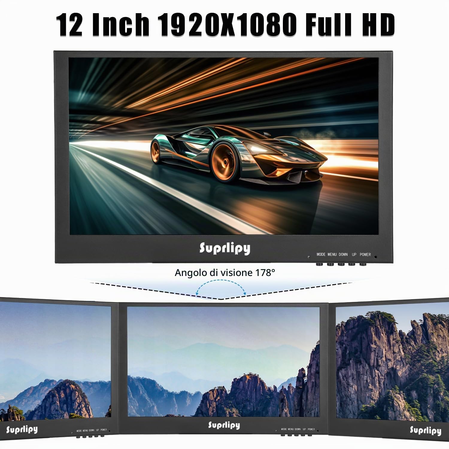 12 pollici Mini HDMI Monitor 1920x1080 16:9 IPS Alloggiamento in metallo Schermo LCD con HDMI/VGA/AV/BNC Ingresso auricolare Altoparlanti incorporati per PC CCTV Telecamera di sicurezza