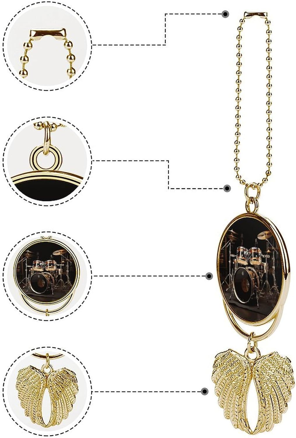 Personalized Drum Set Car Hanging Ornaments Metal Double Side Rearview Mirror Angel Wing Pendants Memorial Sympathy Photo Hanging Charm Gift for Men Women Golden image 3