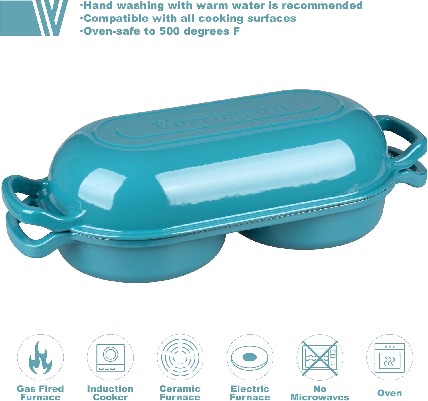 VORRINGARD Enameled Cast Iron Double Dutch Oven with Lid, Dual Round Loaf Pan, Bread pan for Homemade Sourdough Bread Baking, Bluegreen