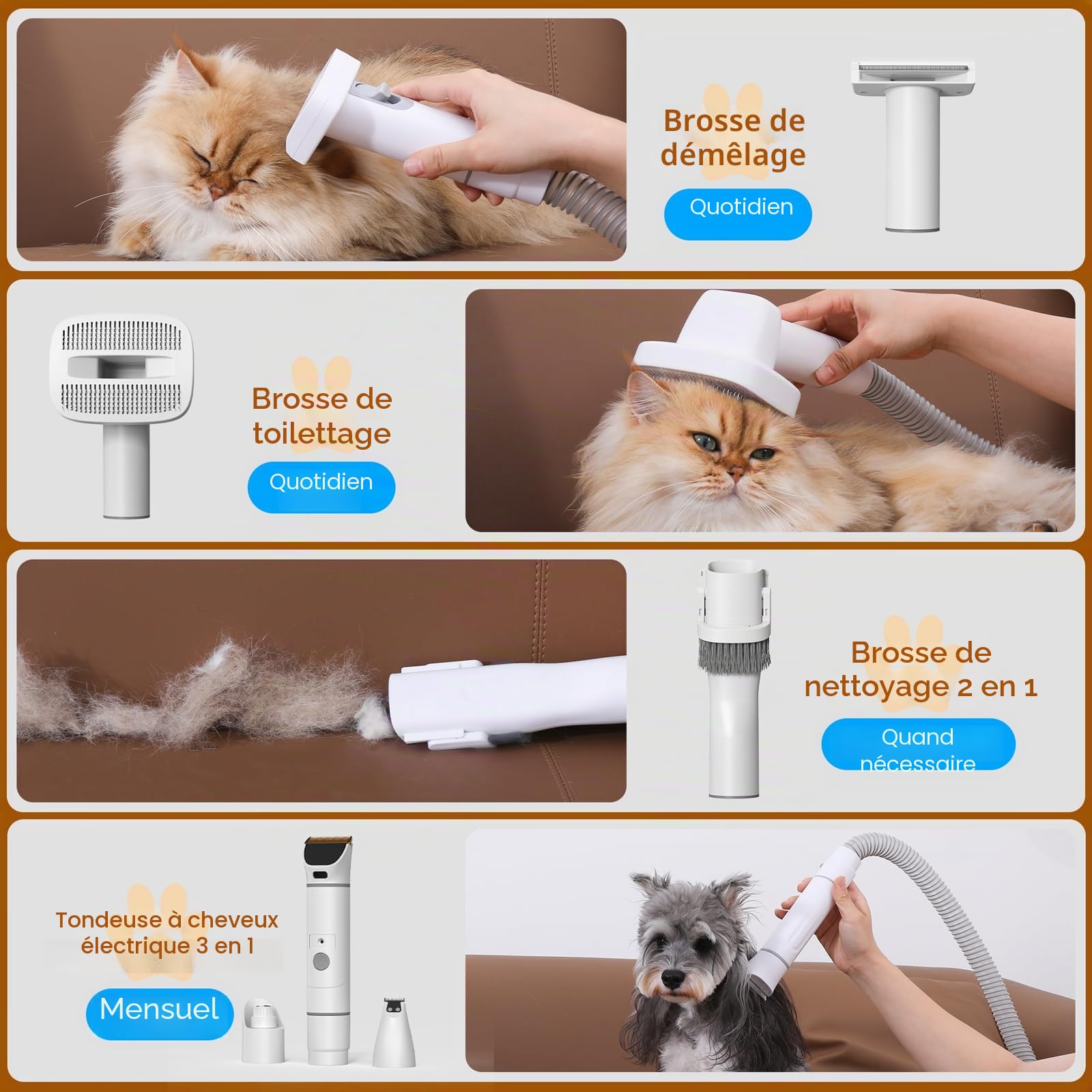 Rywell Aspirateur Poil de Chien de Grande Capacité de 4L, Kit de Toilettage pour Animaux de Compagnie avec 4 Modes Réglables (3/6/8/13 kPa) Filtration HEPA pour Perdre les Poils d'animaux