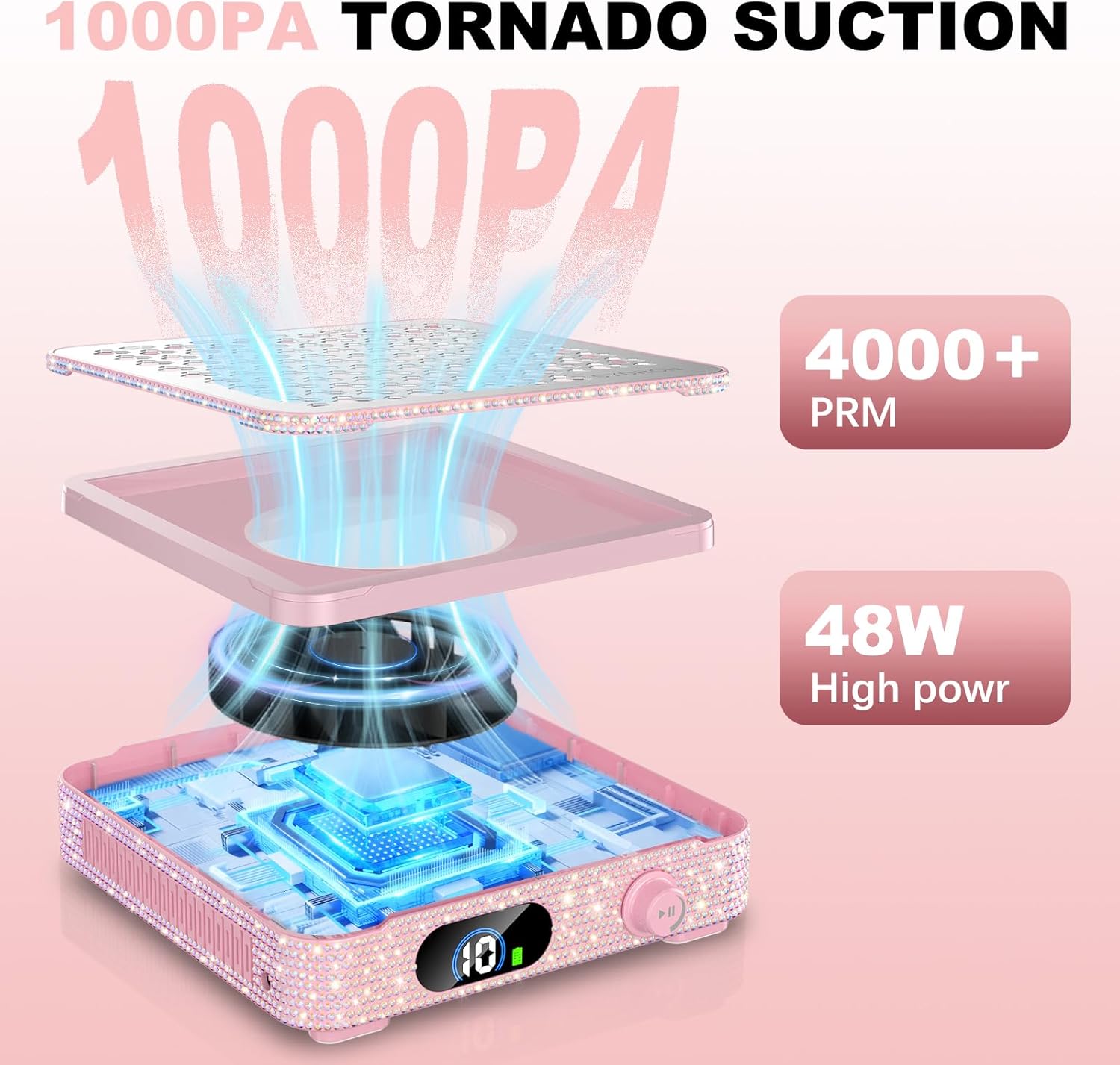Nail Dust Collector | 1000PA Nail Dust Collector Rechargeable | 10 Speed Levels | Low Noise & Strong Suction | Reusable Filter, 10 Pads + Nail Dust Brush| for Acrylic Nails, Salon & Home -Pink Diamond