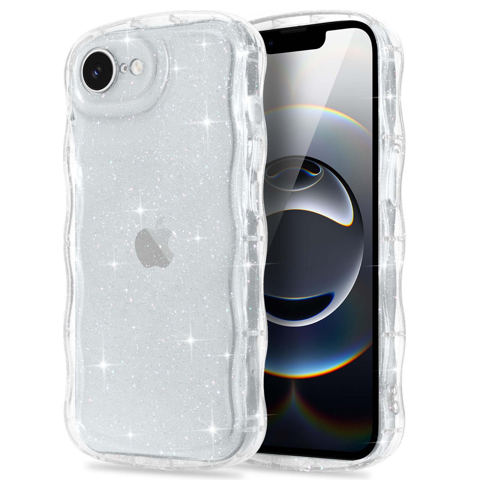 Pepmune iPhone 17e / iPhone 16e 用 ケース キラキラ ラメ クリア カバー 韓国 かわいい 可愛い ウェーブ 透明 軽量 耐衝撃 人気 シンプル 滑り止め 傷つけ防止 ストラップホール付き スマホケース (いpほね17e / いpほね16e用)