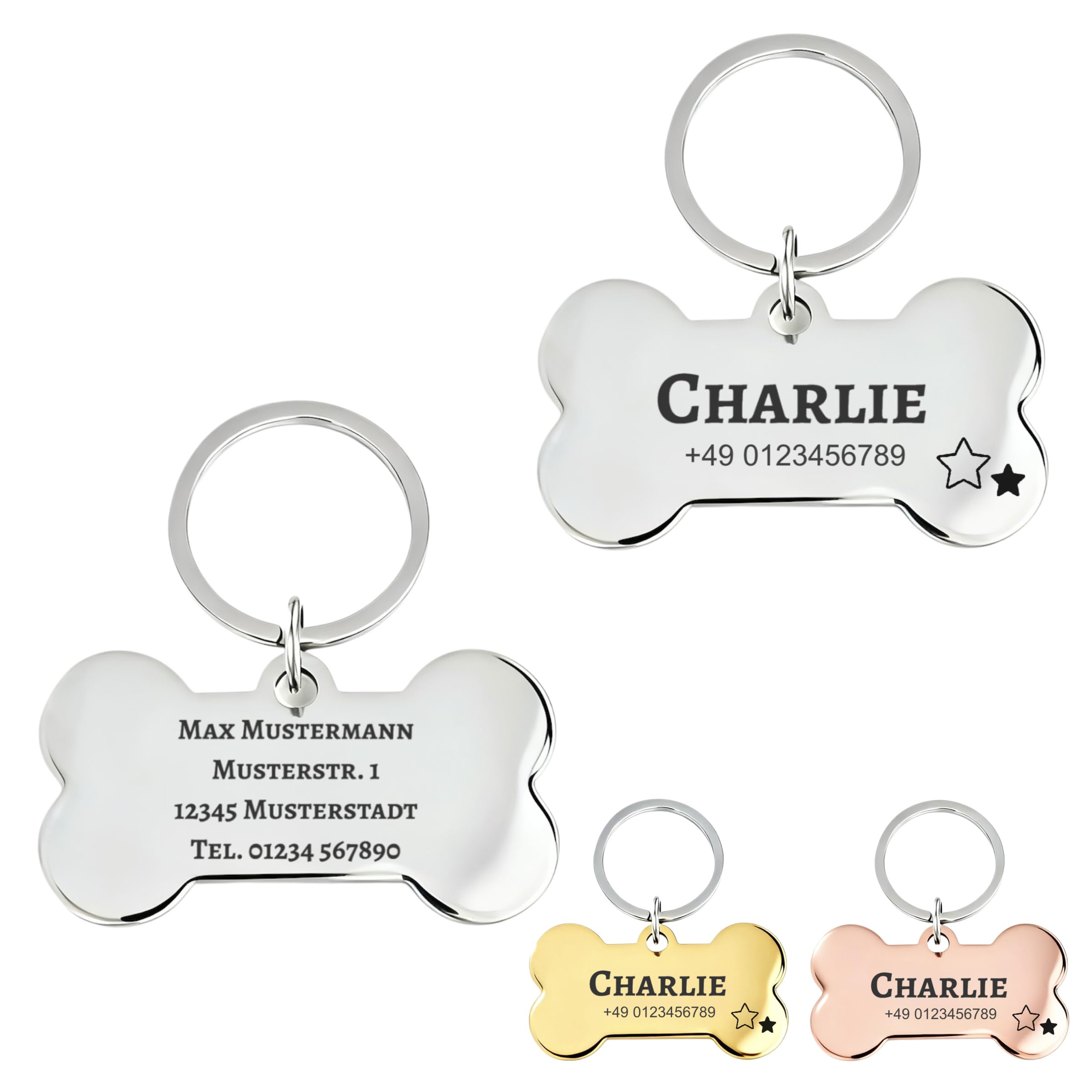 Hundemarke mit Gravur Personalisiert aus Edelstahl Hundeanhänger inkl. Schlüsselring - Namensschild für Halsband - Dog Tag Anhänger Marke für Hunde, Tiermarke für Katzen und Welpen (Knochen)