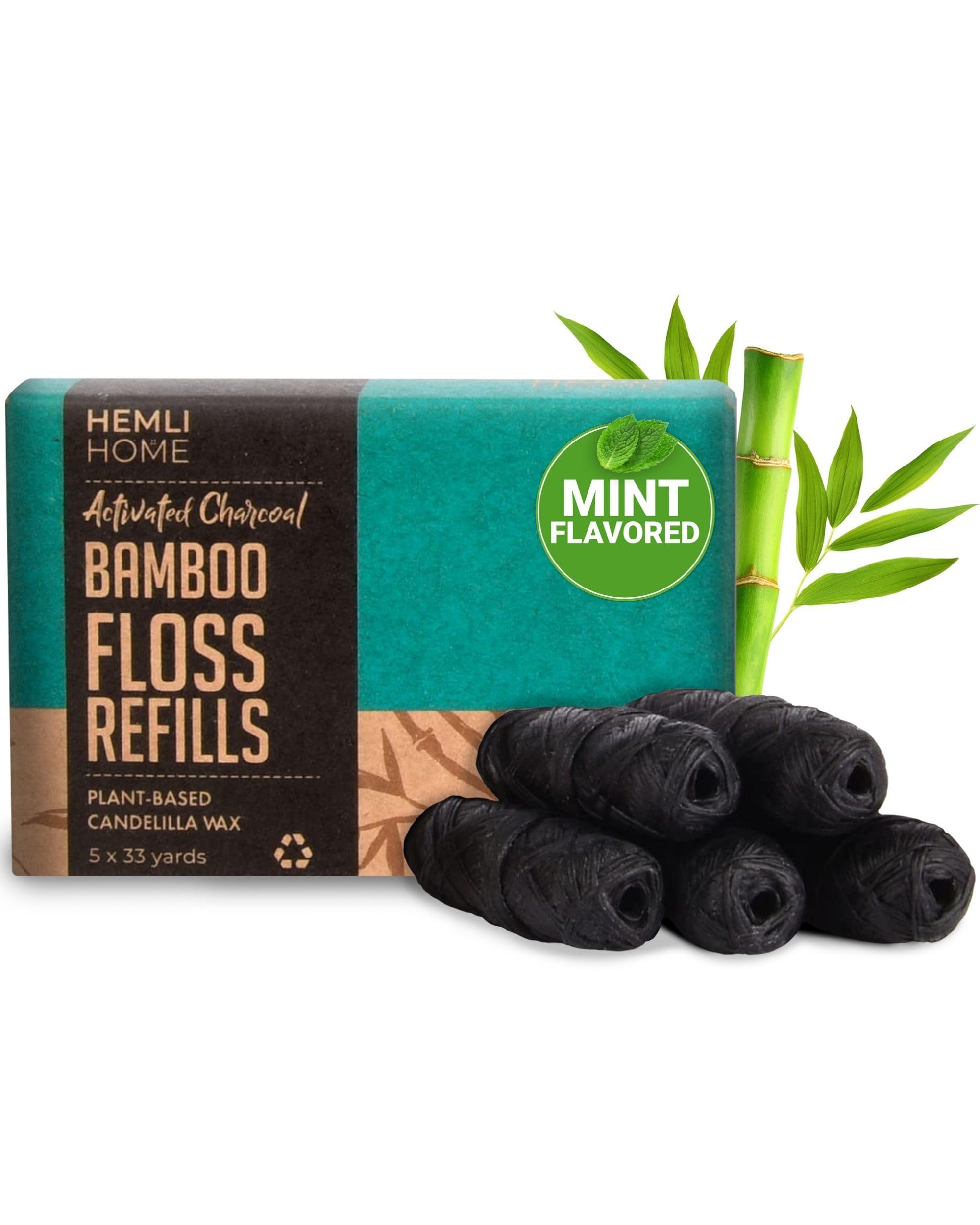 Bamboo Charcoal Dental Floss Refills, Bambo Woven Fibres, 5 x 33 Yards, Organic Refillable Dental Floss, Natural Floss, Eco-Friendly Floss. Plant-Based Candelilla Wax Floss with Natural Mint Flavoring