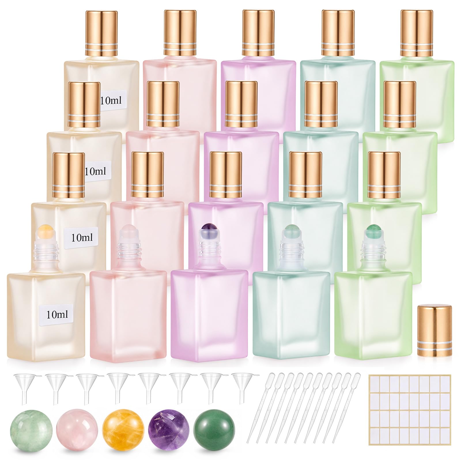 20 Pack 10ml Natural Crystal Glass Square Roller Bottles for Essential Oils