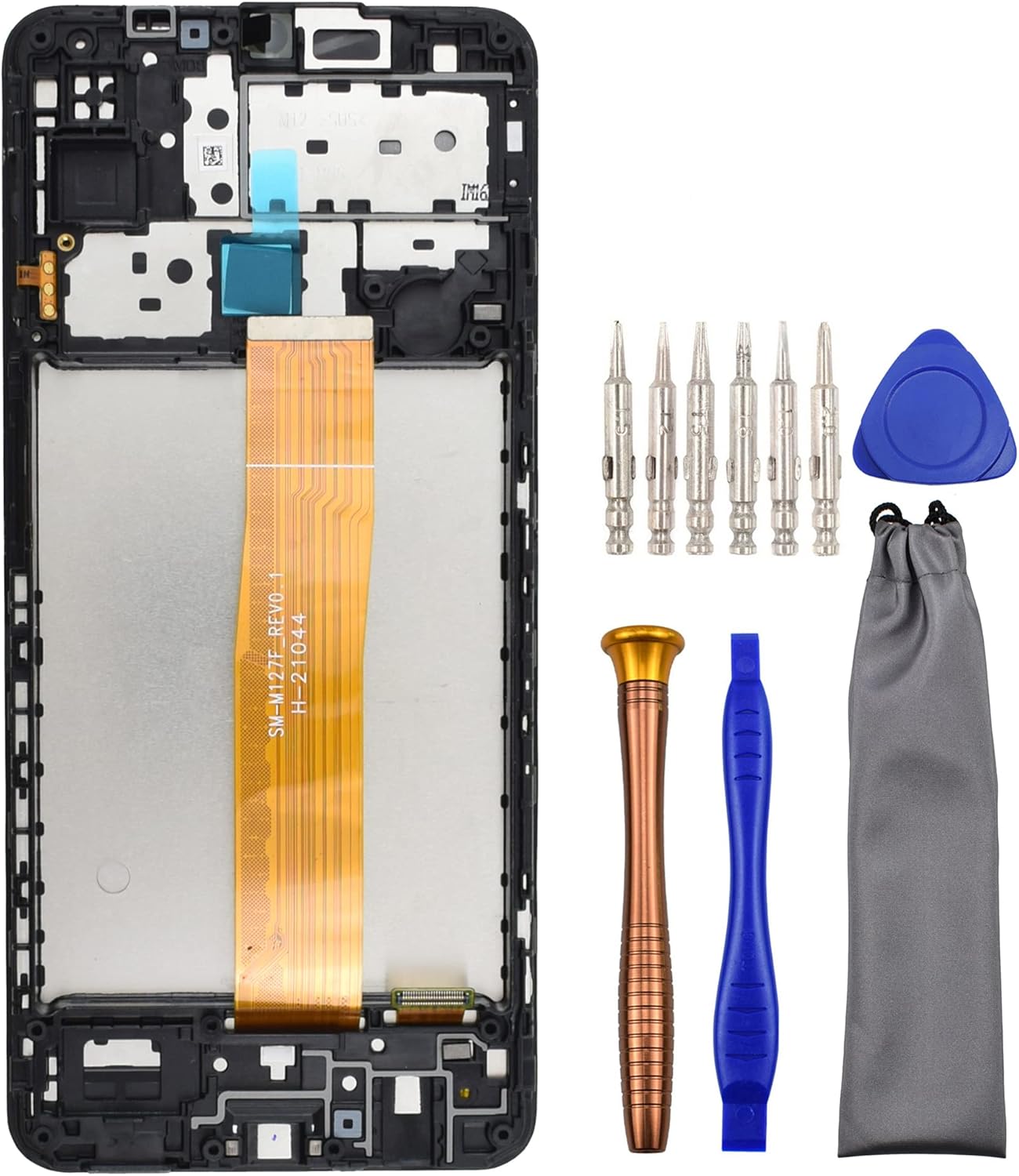 Complete Screen LCD Digitizer Touch Assembly Replacement for Samsung Galaxy M12 SM-M127F with Tool Kit and Screen Frame Installed Black 6.5"