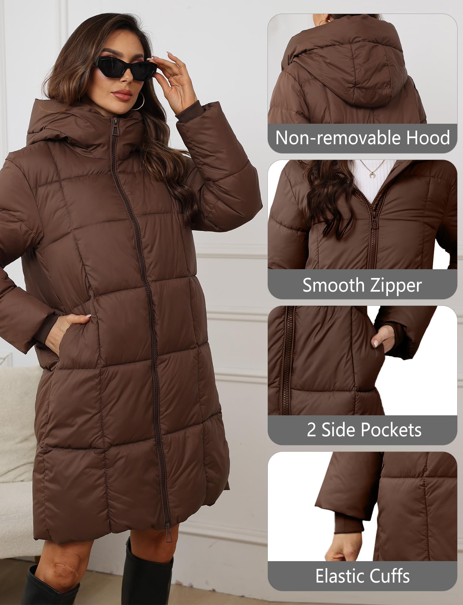 Maeau - Chaqueta Acolchada Larga con Capucha Mujer con Cremallera Invierno Chaqueta de Plumón Larga Parka Abrigos Plumas Cálido Cortaviento S-3XL