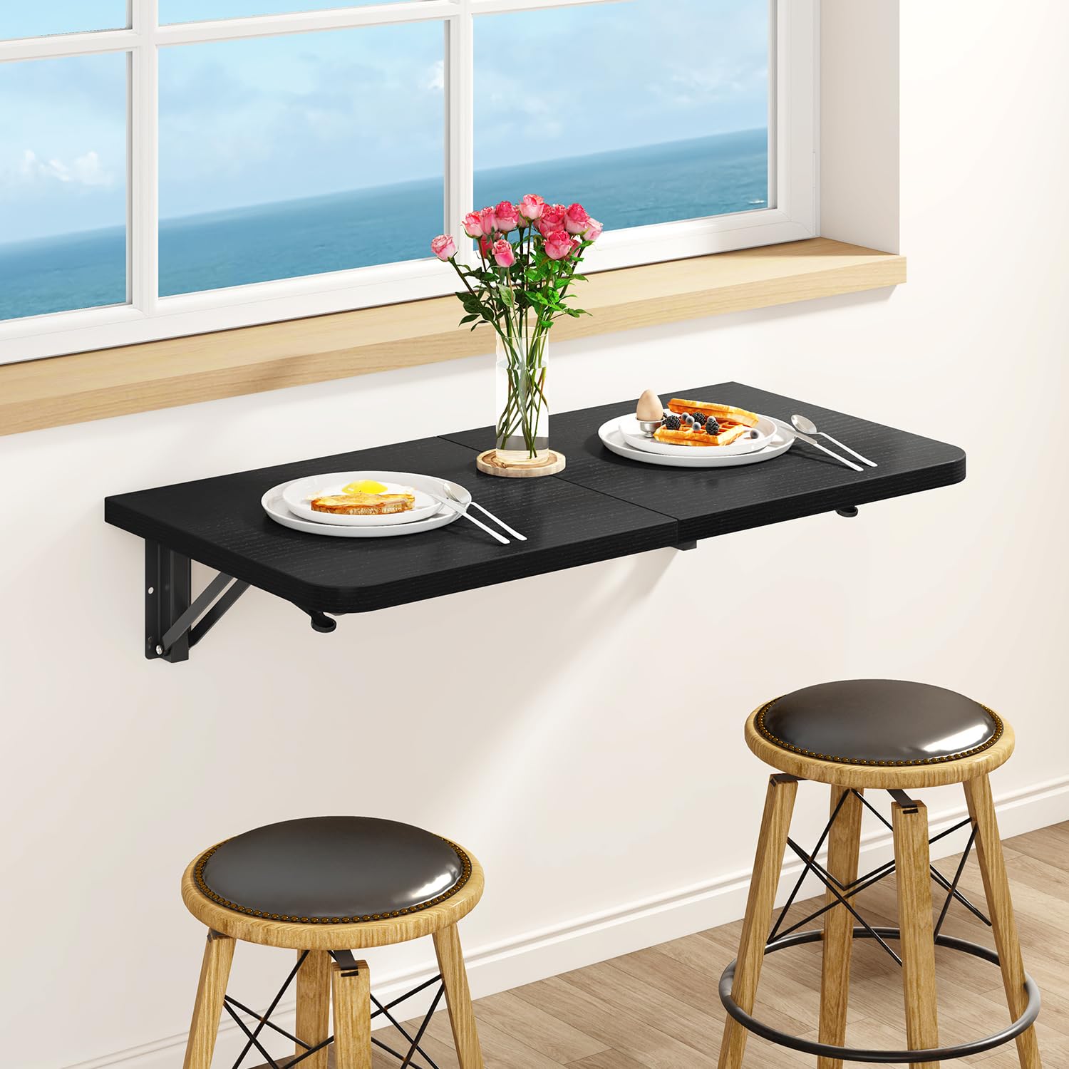 IBUYKE Mesa Plegable de Pared, Ahorra Espacio, Multifuncionales Escritorio de Ordenador, 60 * 30CM,Mesa Plegable para Hogar, Comedor, Cocina, Bar, Negro TVT005B