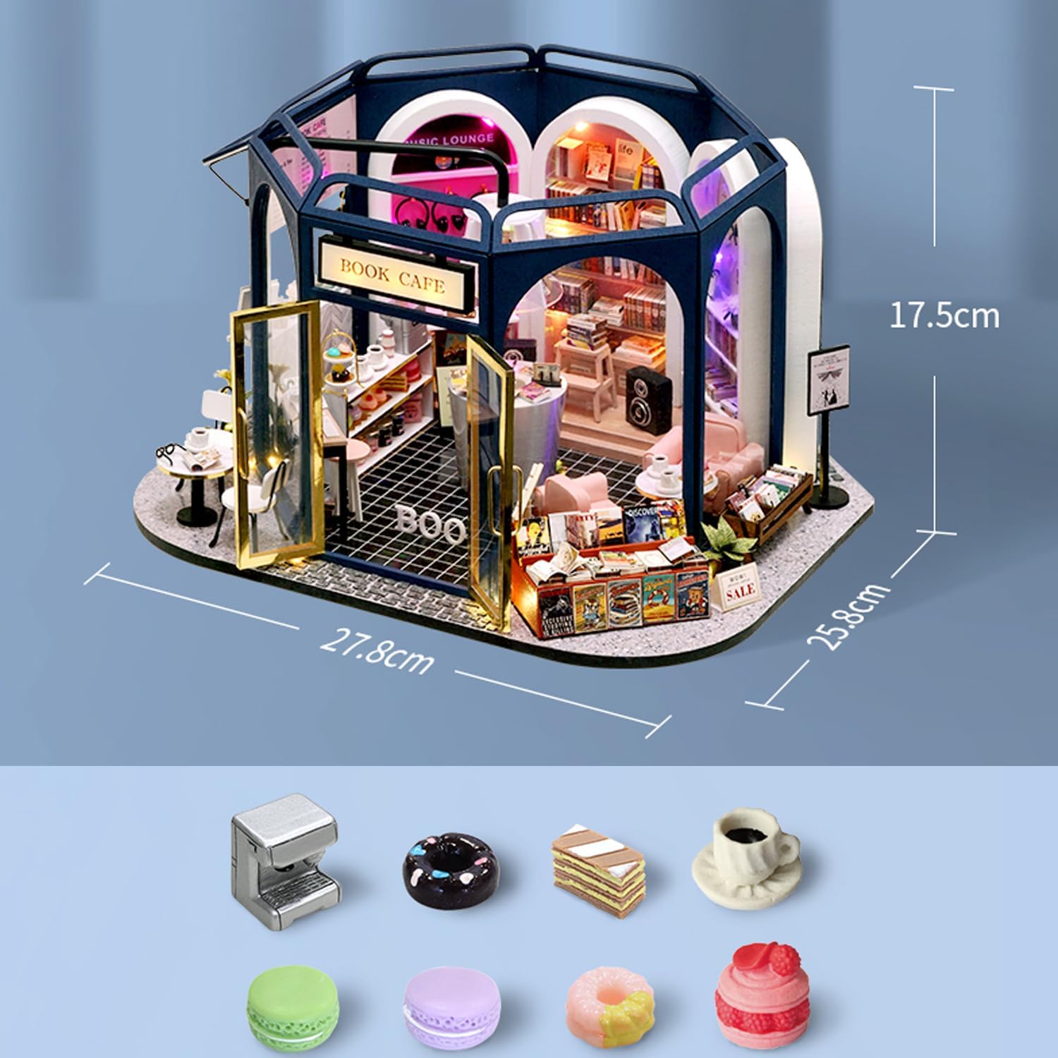 MAGQOO DIY Miniature Dollhouse Kit with Furniture 1:24 Scale Creative Room Mini Wooden Doll House Accessories DIY Miniature House Kit (Book Cafe)
