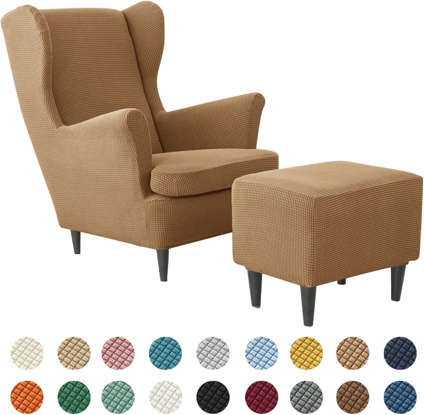 Stretch Wingback Chair Slipcover, Universal Wing Chair Covers Slipcovers with Elastic Bottom, Living Room Armchairs Chair Slip Covers with Ottoman Cover, High Back Chair Cover Slipcover Set(Light brow