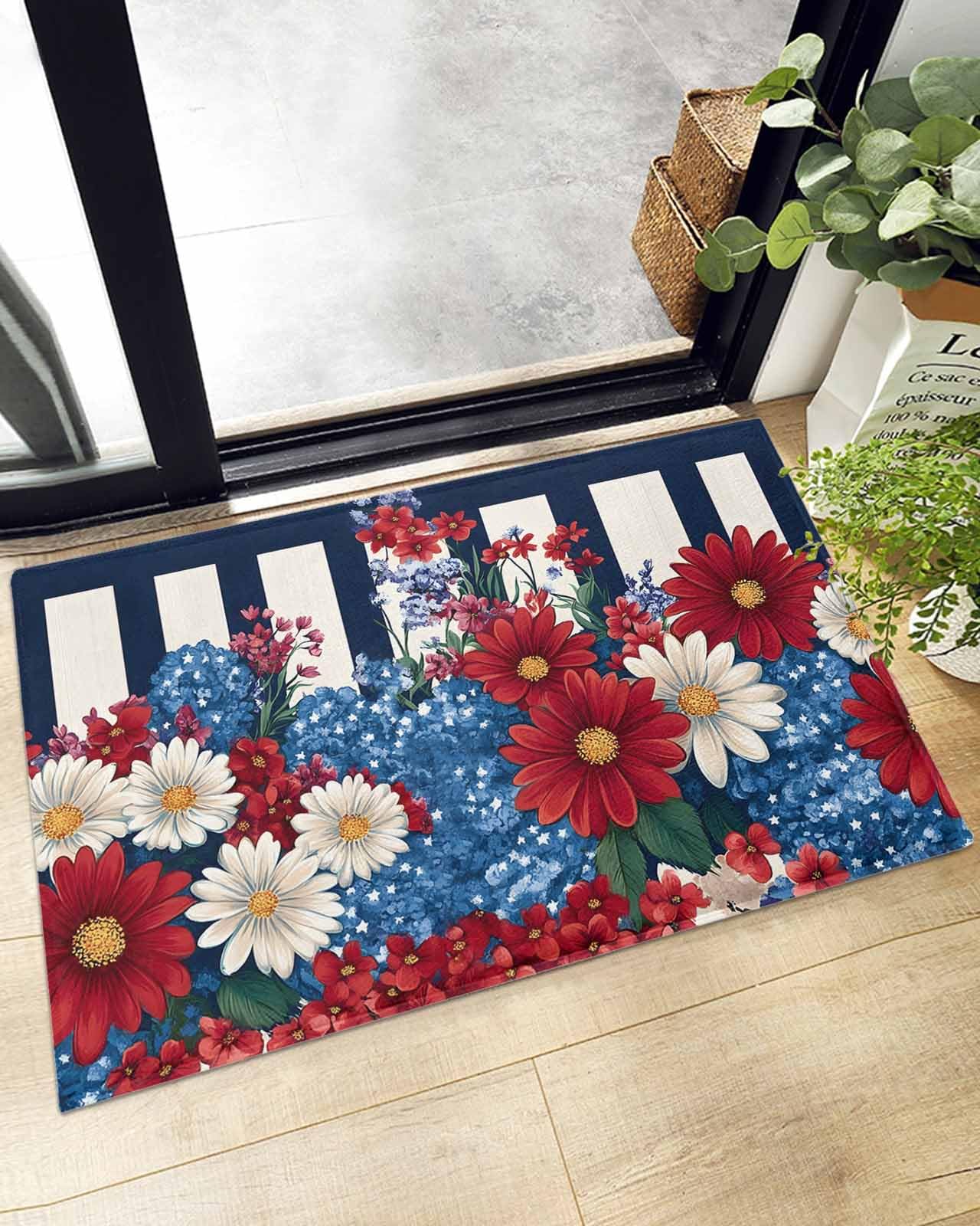 Indoor Doormat Red Blue White Flowers,Shaggy Floor Mat with Non-Skid Backing Floral on Dark Blue Beige Stripe,Machine Washable Plush Area Rug Carpets for Kitchen Nursery Bedroom