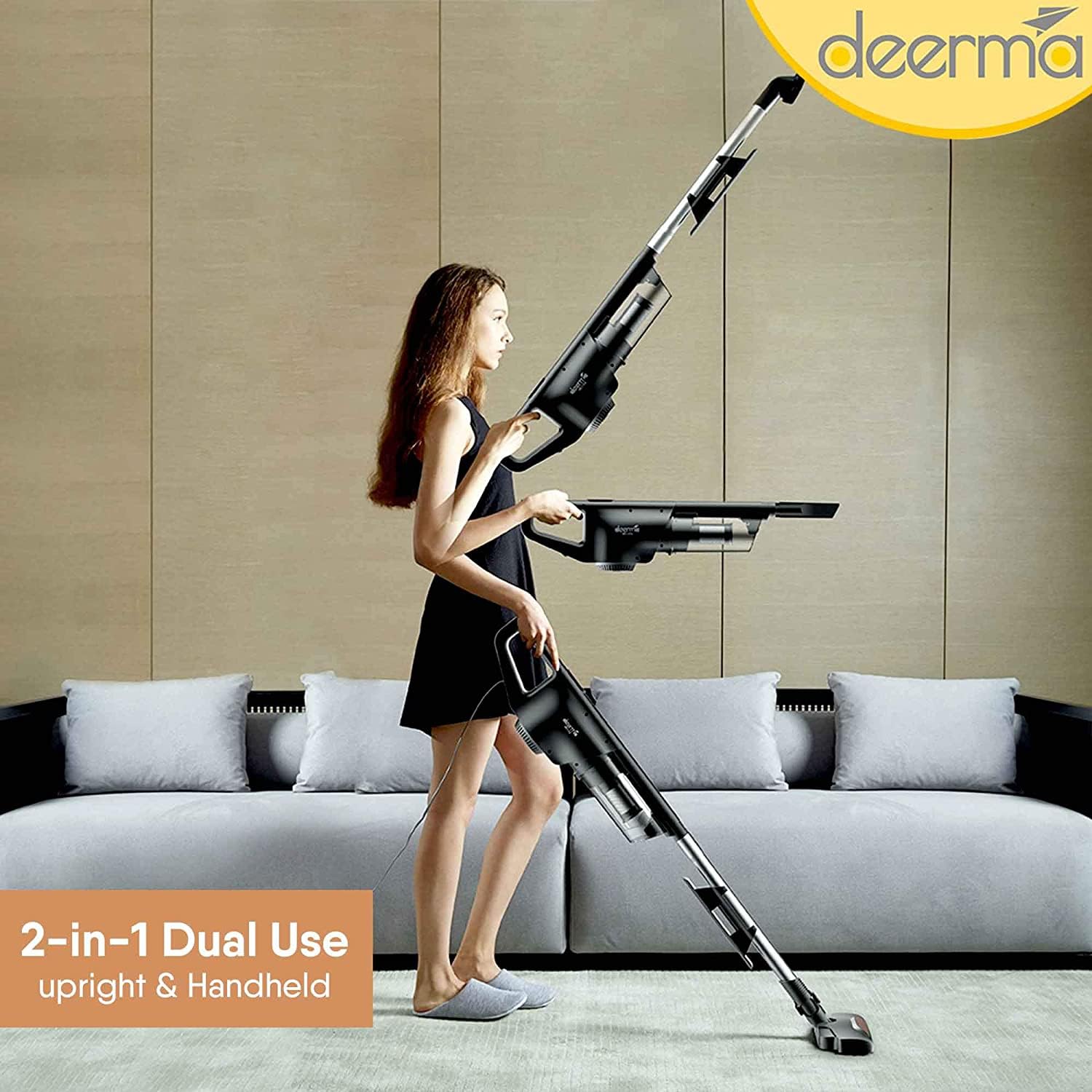 A person demonstrating the 2-in-1 dual use of the Deerma DX600, showing both upright and handheld configurations.