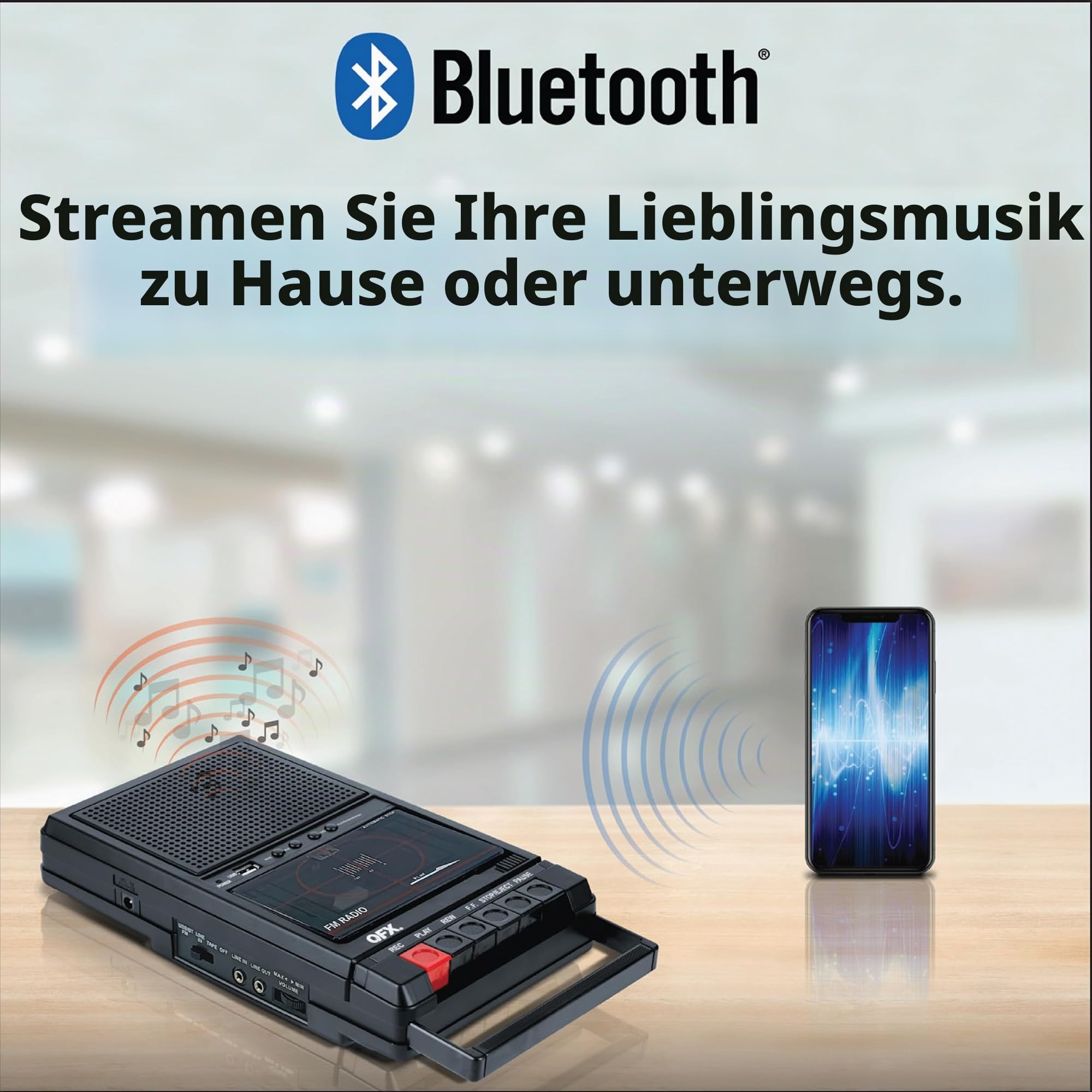 QFX RETRO-39 Tragbarer Schuhkarton, USB-auf-Kassettenrekorder, analoges Kassetten-Deck mit integriertem Mikrofon, 8,9 cm Bluetooth-Lautsprecher mit FM-Radio