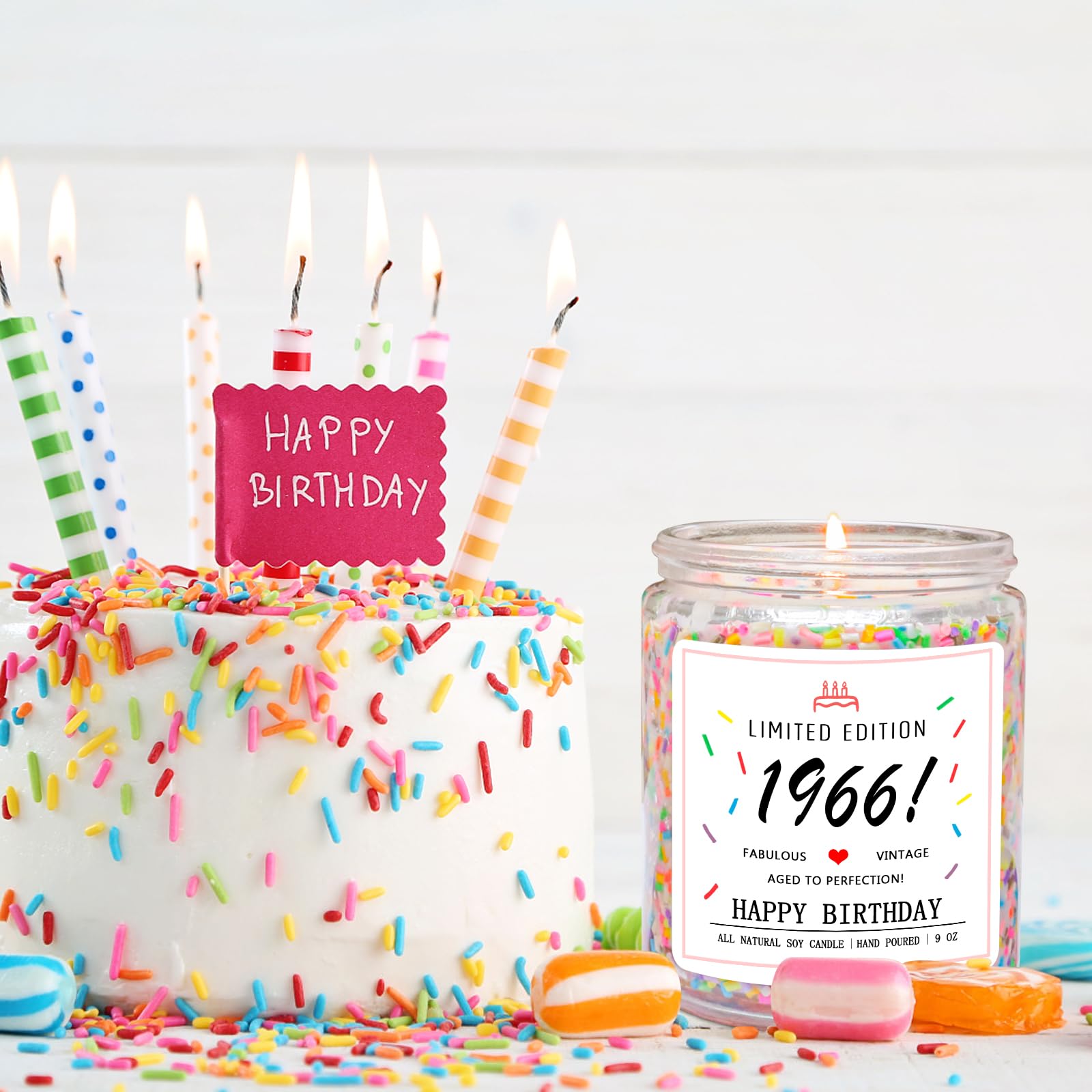 Homsolver 60th Birthday Gifts for Women Ideas, Decorations Gifts for 60 Year Old Woman, 60th Birthday Candle - Limited Edition 1966 Handmade (Vanilla Birthday Cake Scent with Sprinkles)