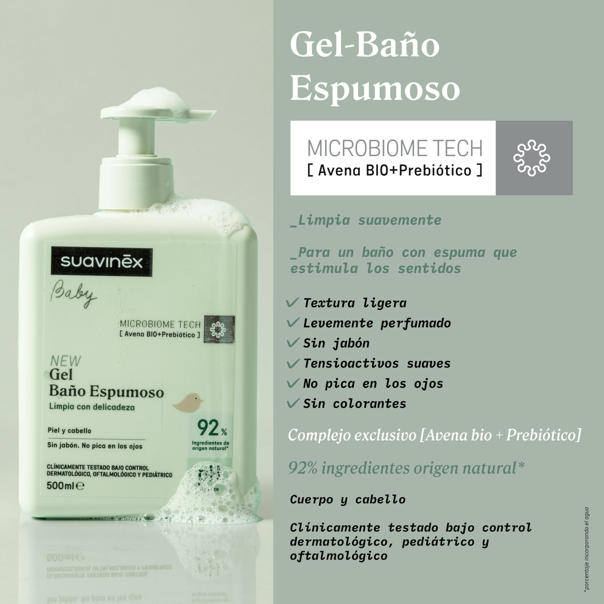 Suavinex, Gel - Baño Espumoso para Bebés, Champú para Piel y Cabello, Sin Jabón, Apto Pieles Sensibles y Recién Nacidos, No Pica en los Ojos, 92% Ingredientes Origen Natural, con Prebiótico, 750 ml