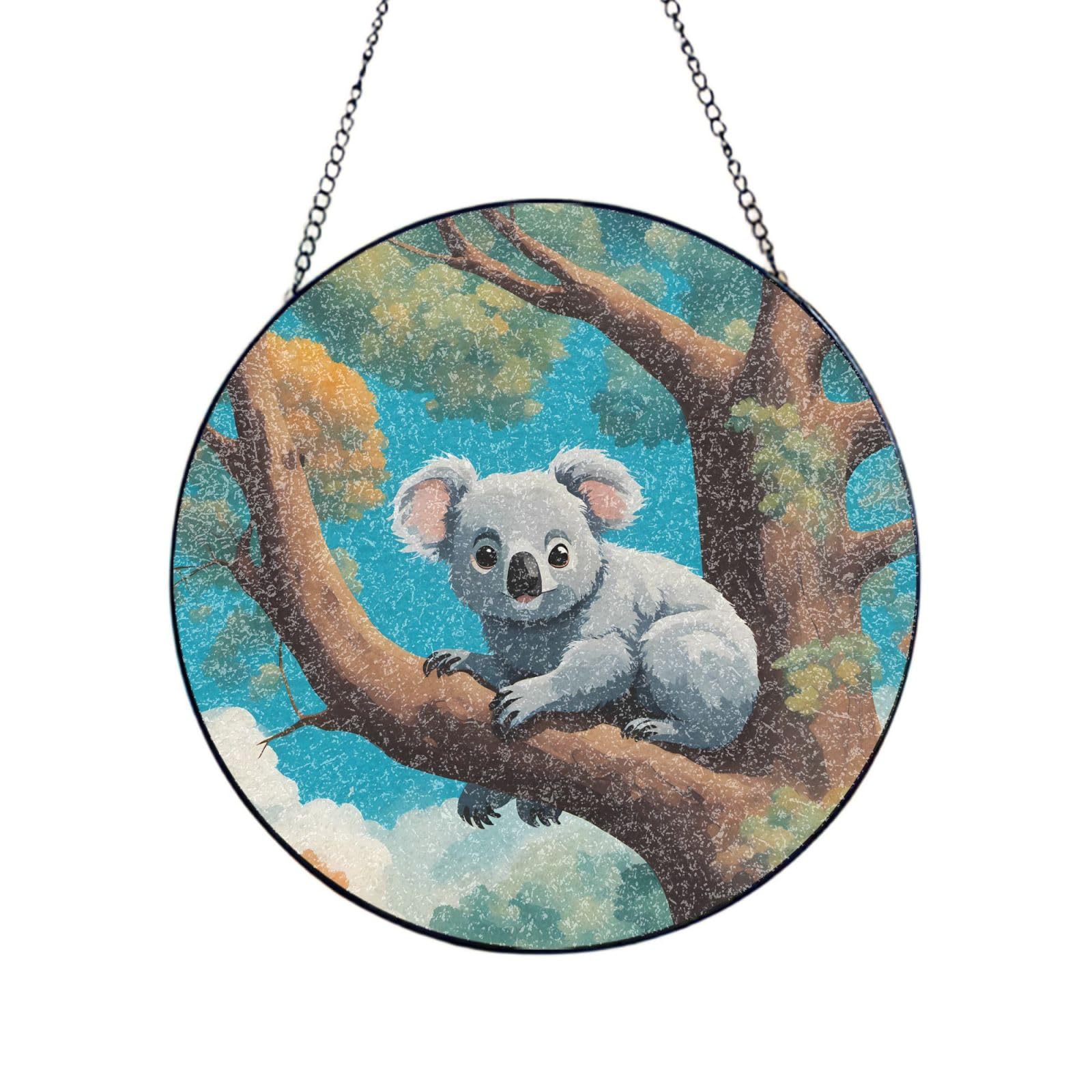 Cute Happy koala Stained Glass Sun Catcher for Window Garden Hanging Suncatchers Balcony Decor Gift 8in（20cm）