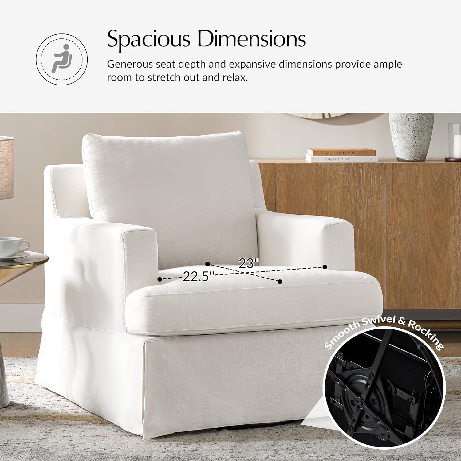 HULALA HOME Swivel Rocker Chair with Solid Wood Frame, Farmhouse Swivel Rocking Accent Chair with Washable Slipcover, Upholstered Barrel Armchair Down Blend Back and Seat Cushions, White